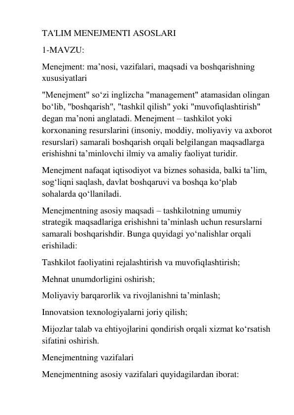 Ta'lim menejmenti ma'ruza matnlari