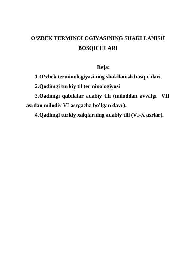O‘ZBEK TERMINOLOGIYASINING SHAKLLANISH BOSQICHLARI