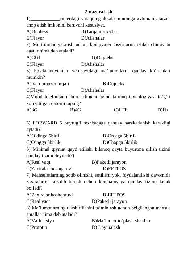 9-sinf informatika 2-chorak nazorat ishi 2025
