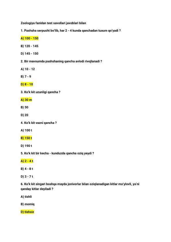 Zoologiya | Test | 7-sinf | Javoblari bilan