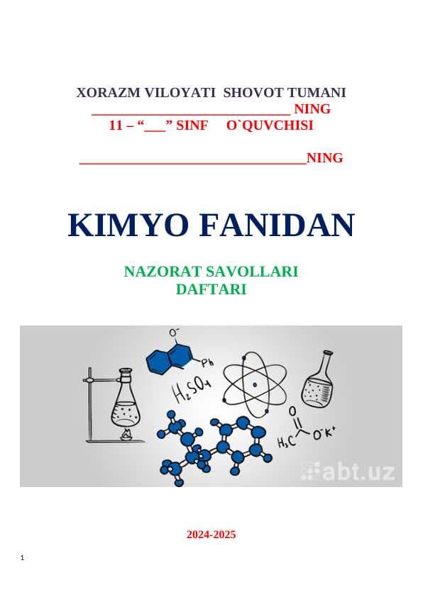 11-sinf kimyo fanidan nazorat ishi daftari 2025