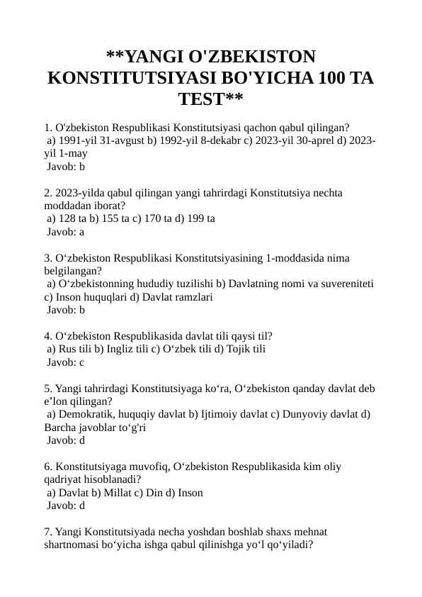YANGI O'ZBEKISTON KONSTITUTSIYASI BO'YICHA 100 TA TEST