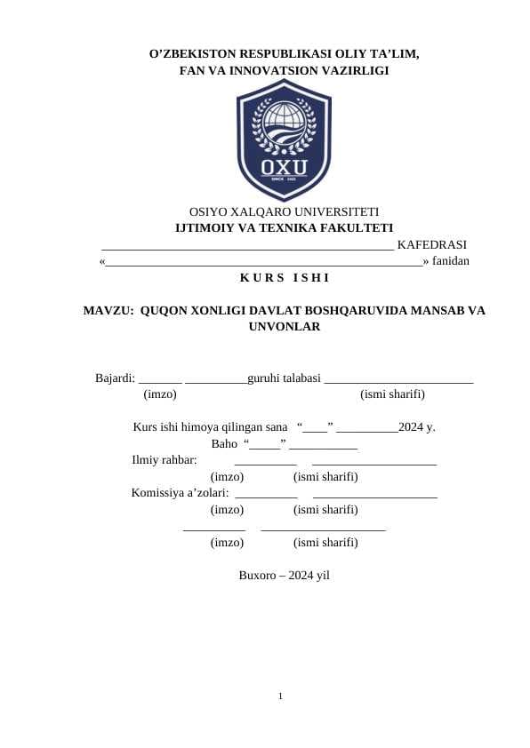 QUQON XONLIGI DAVLAT BOSHQARUVIDA MANSAB VA UNVONLAR