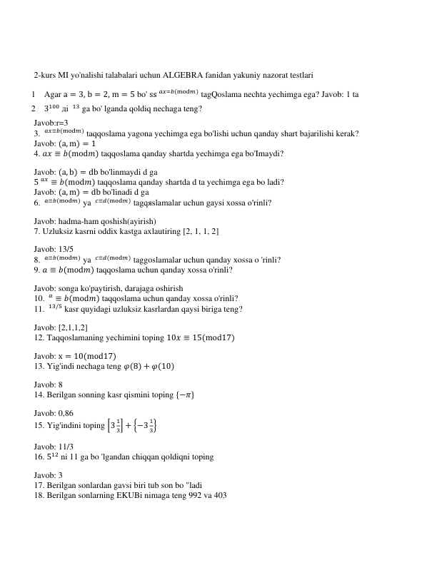 Algebradan javoblar