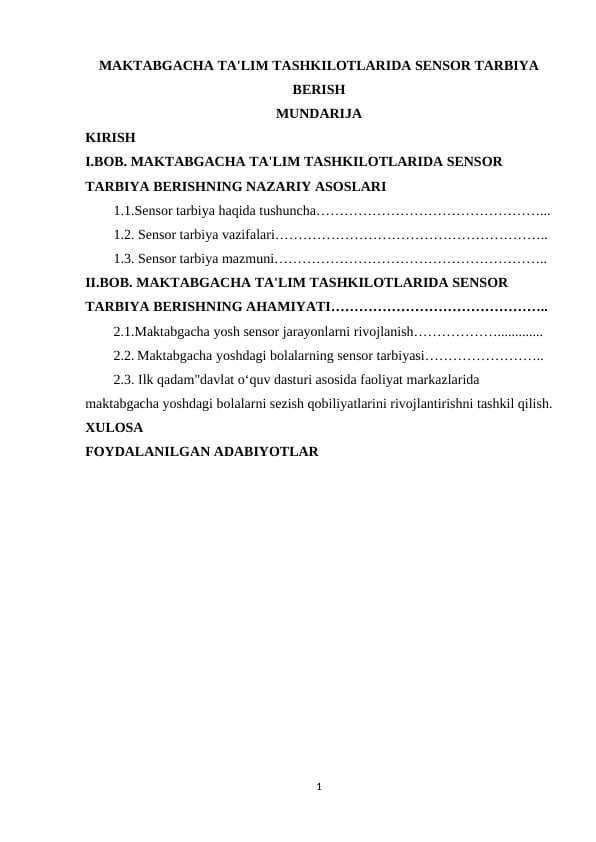 MAKTABGACHA TA'LIM TASHKILOTLARIDA SENSOR TARBIYA BERISH