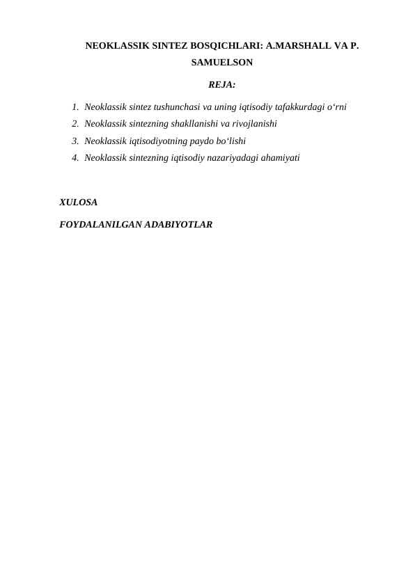 NEOKLASSIK SINTEZ BOSQICHLARI: A.MARSHALL VA P. SAMUELSON