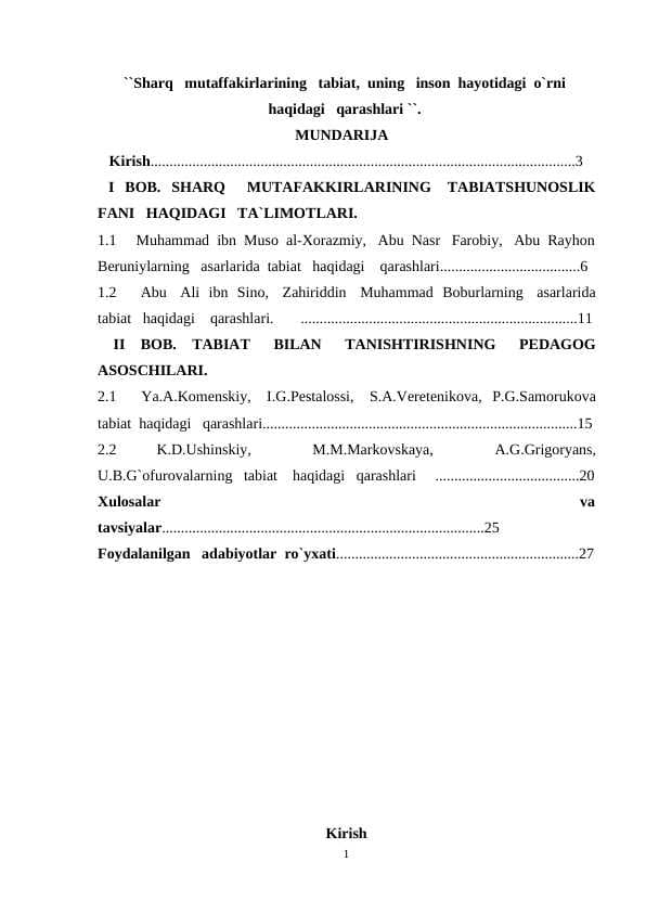 Sharq   mutaffakirlarining   tabiat,  uning   inson  hayotidagi  o`rni   haqidagi   qarashlari