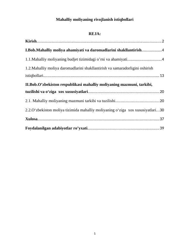Mahalliy moliyaning rivojlanish istiqbollari