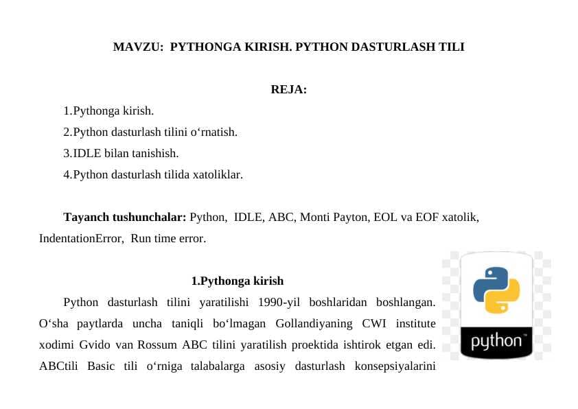 PYTHONGA kirish Python dasturlash tili