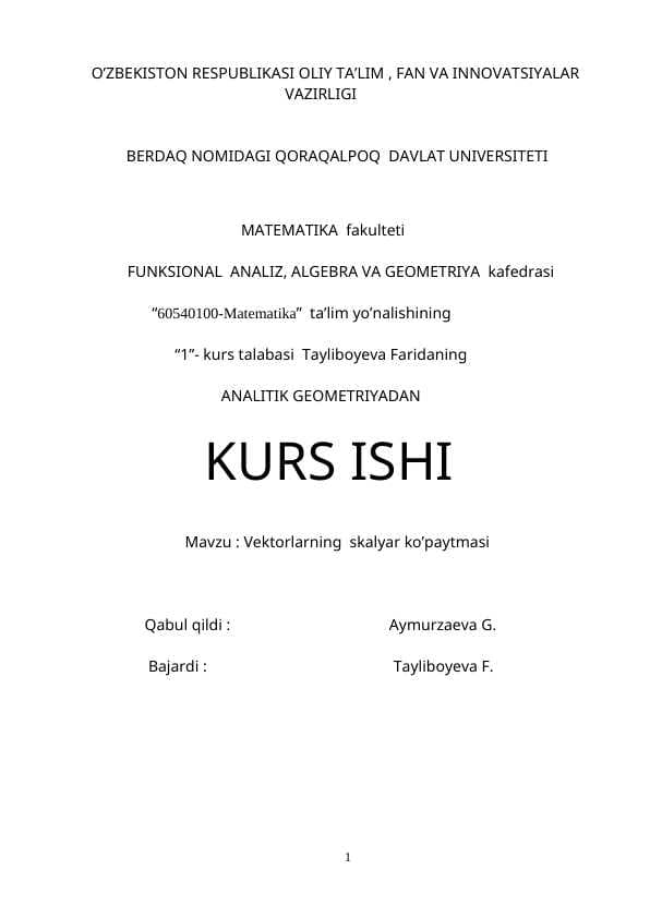 Vektorlarning  skalyar ko’paytmasi