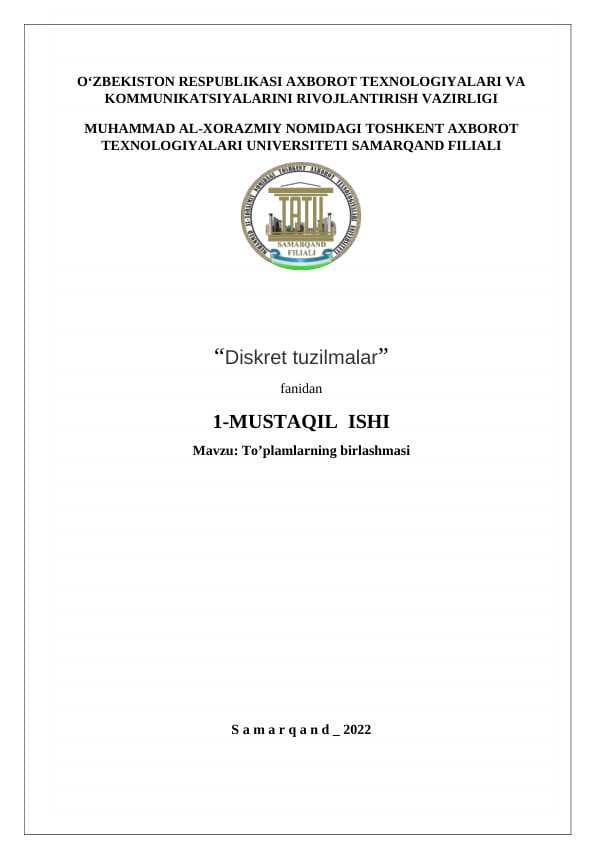Diskret tuzilmalar To’plamlarning birlashmasi