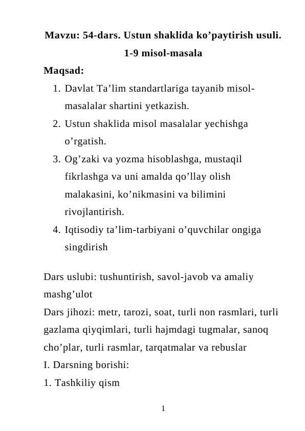 54-dars. Ustun shaklida ko’paytirish usuli.