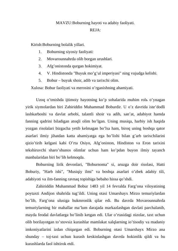 Zahiriddin Muhammad Boburning hayoti va ijodi