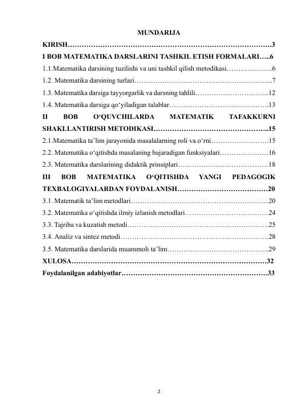 MATEMATIKA DARSLARINI TASHKIL ETISH FORMALARI
