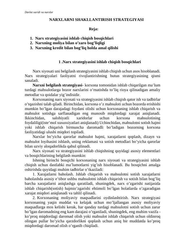Narxlarni shakllantirish strategiyalari