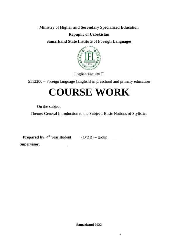 General Introduction to the Subject; Basic Notions of Stylistics