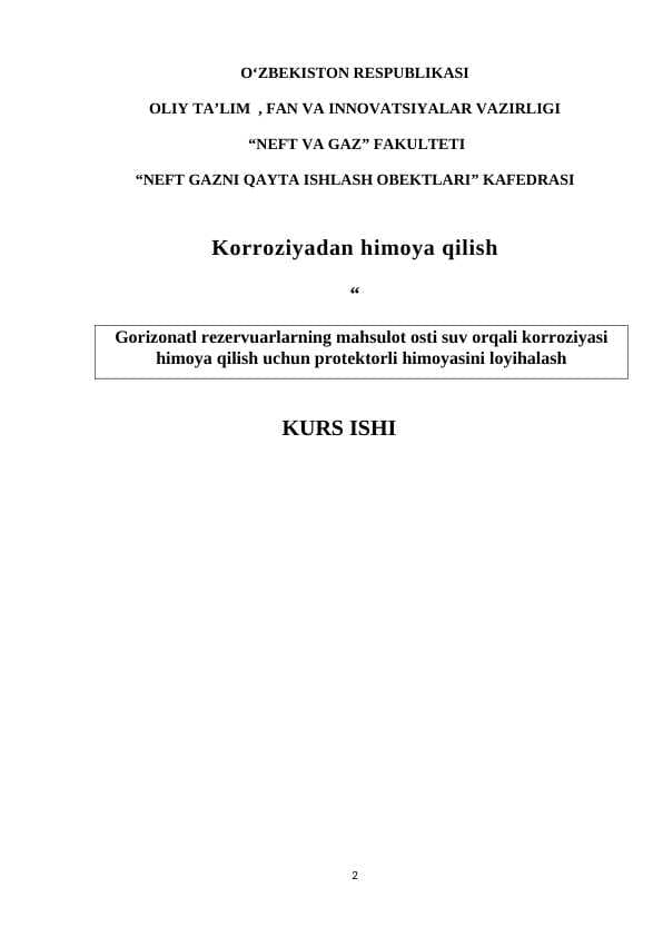 Gorizontal rezervuarlarning maxsulot osti suvi orqali korroziyasidan