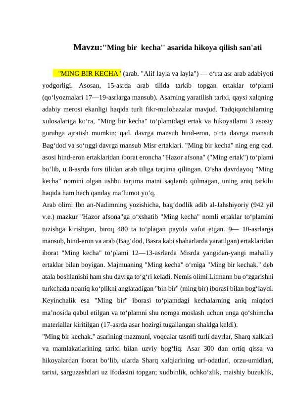 ''Ming bir  kecha'' asarida hikoya qilish san'ati