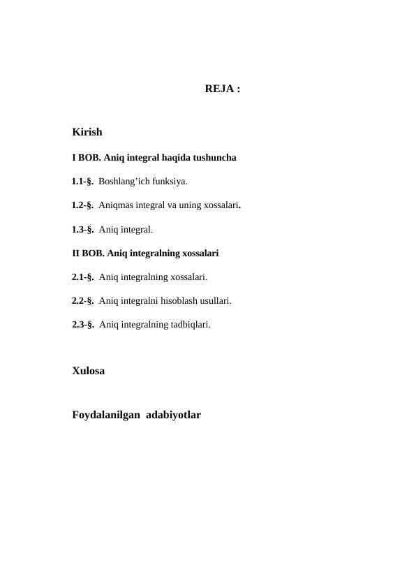 Aniq integral va uning xossalari
