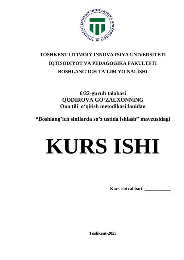 Boshlangich sinflarda so'z ustida ishlash