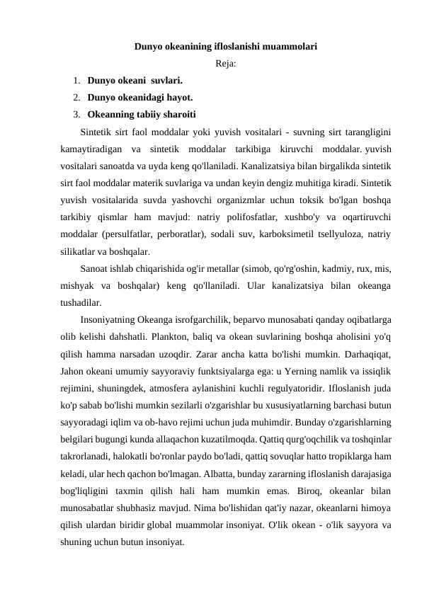 Dunyo okeanining ifloslanishi muammolari