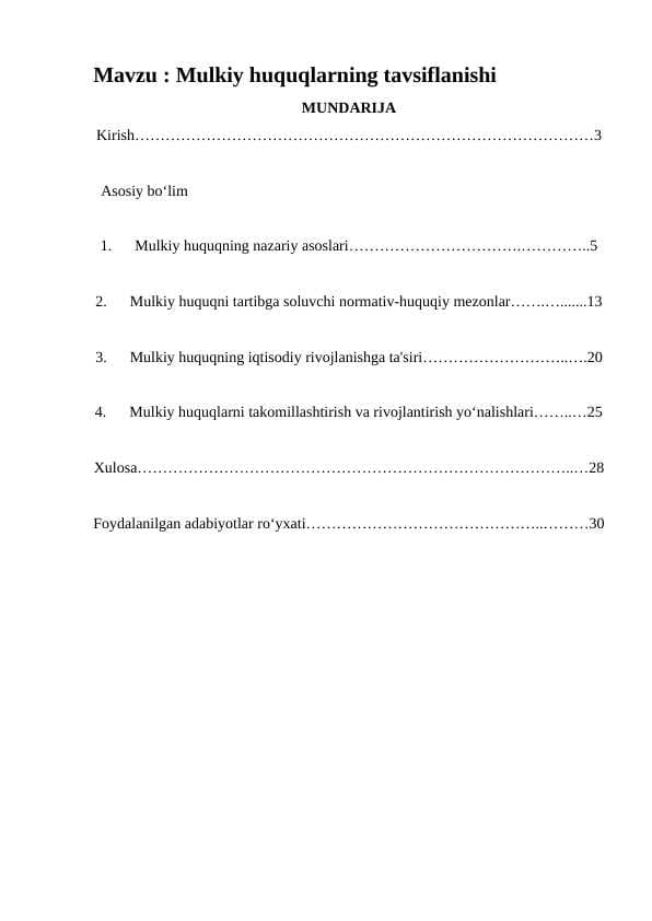 Mulkiy huquqlarning tavsiflanishi. KURS ISHI