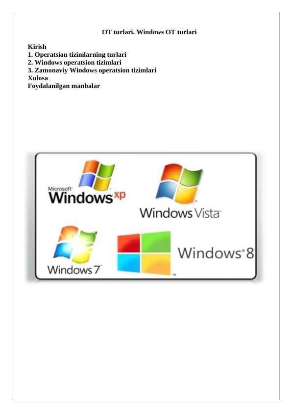OT turlari. Windows OT turlari