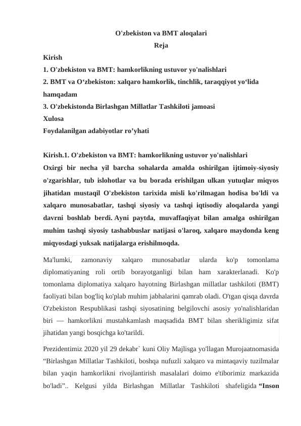 O'zbekiston va BMT aloqalari
