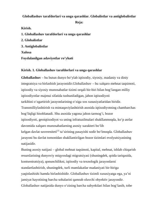 globallashuv tarafdorlari va unga qarashlar