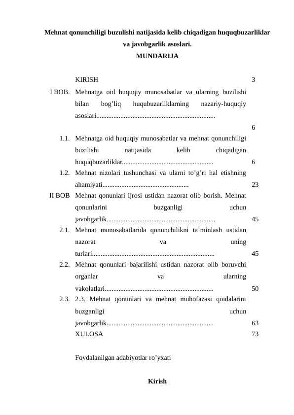Mehnat qonunchiligi buzulishi natijasida kelib chiqadigan huquqbuzarliklar va javobgarlik asoslari