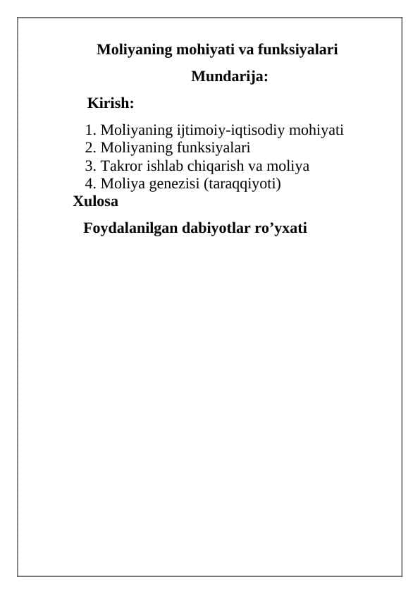 Moliyaning mohiyati va funksiyalari