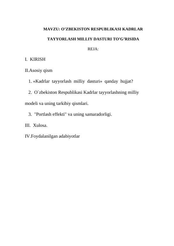 O’zbekiston respublikasi kadrlar tayyorlash milliy dasturi to’g’risida