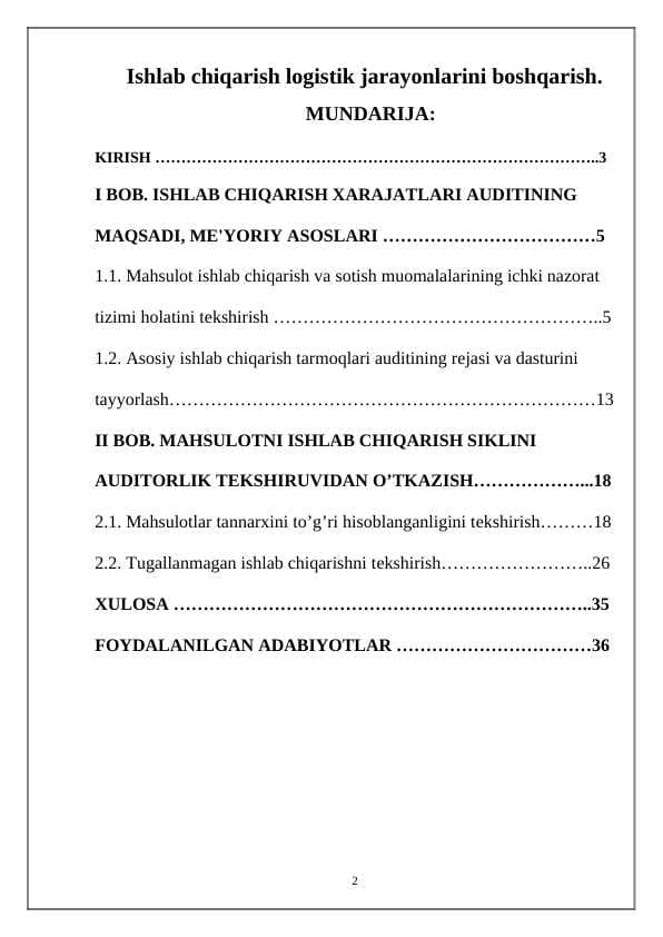 Ishlab chiqarish logistik jarayonlarini boshqarish.