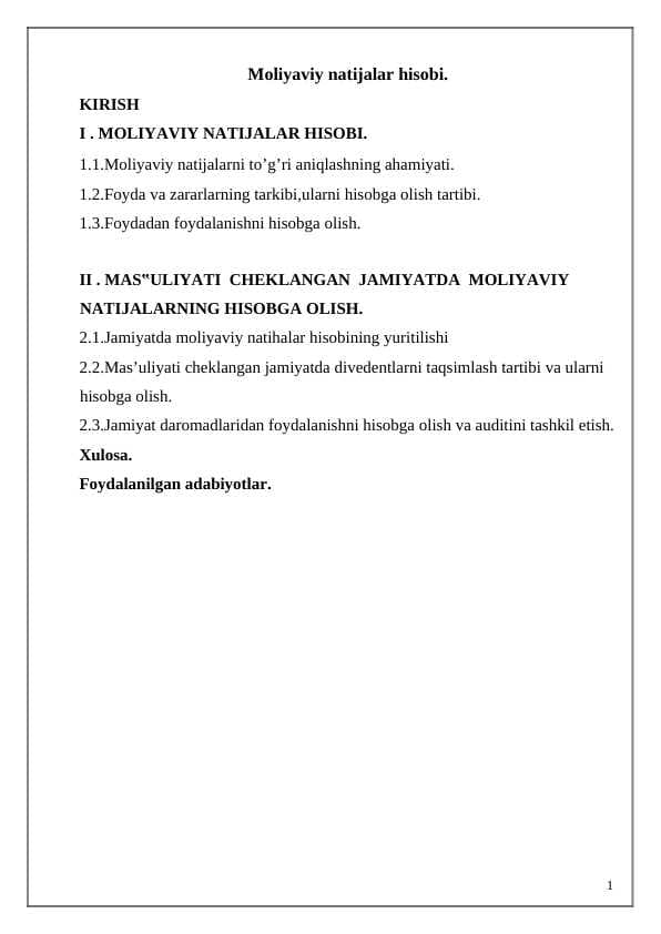 Moliyaviy natijalar hisobi.