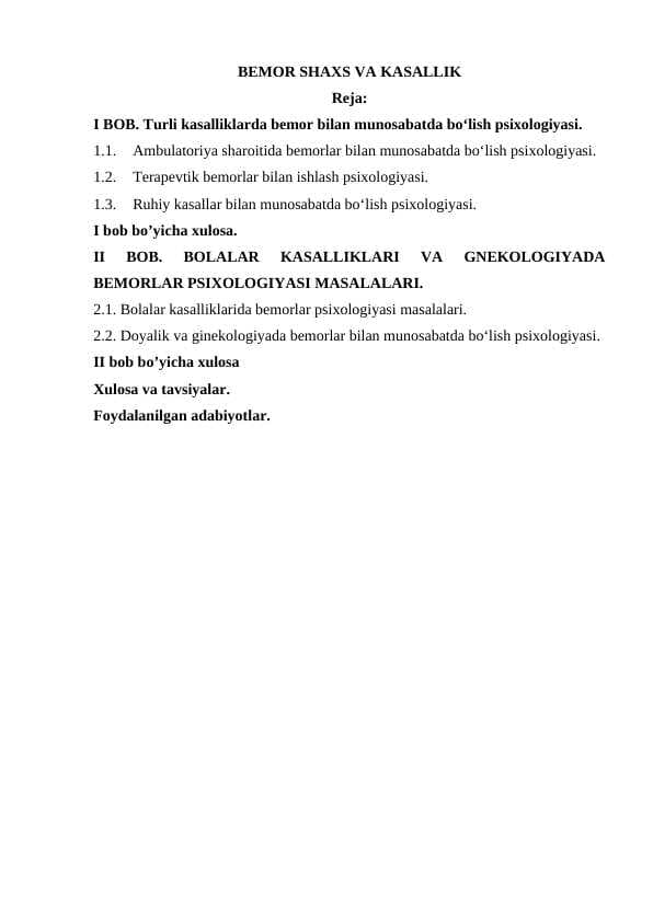 BEMOR SHAXS VA KASALLIK