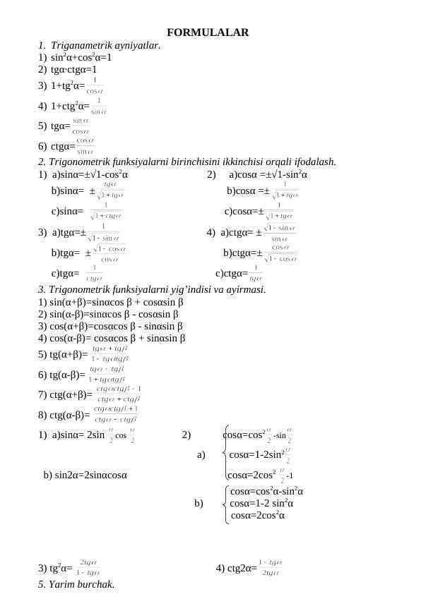 trigonametrik FORMULALAR
