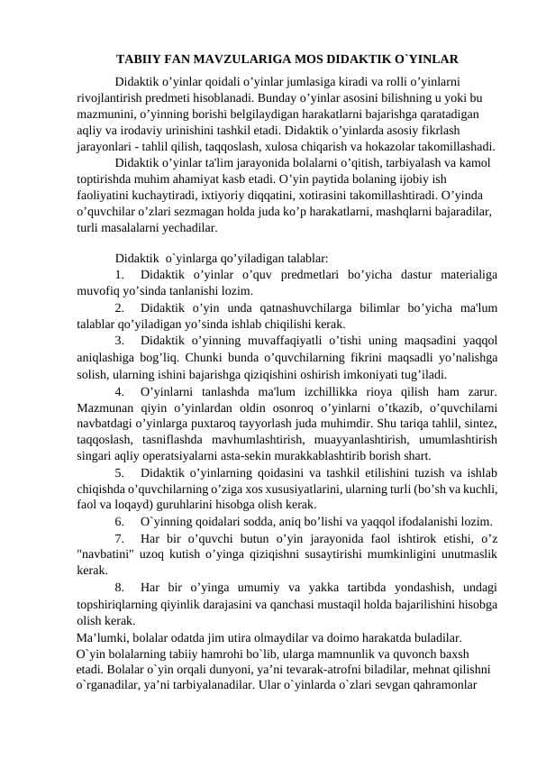 MUSTAQIL ISH. Taabiy fan mavzulariga mos didaktik o`yinlar