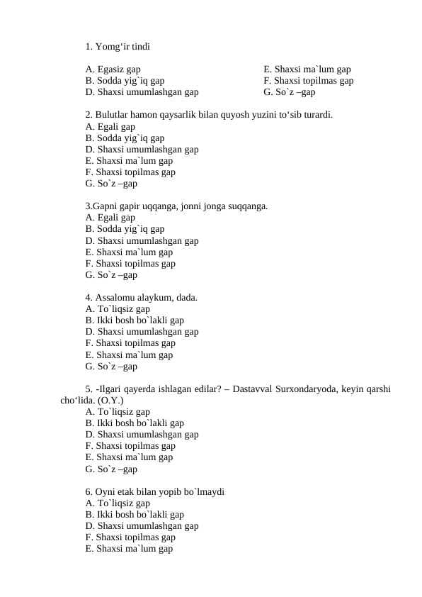 BIR BOSH BO'LAKLI GAPLAR TEST