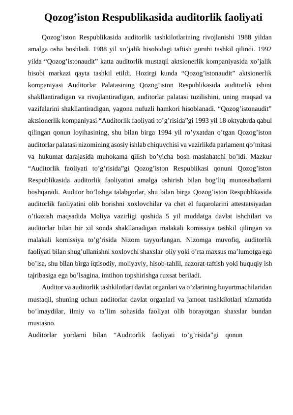 Qozog’iston Respublikasida auditorlik faoliyati