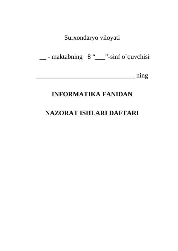 Informatika fanidan nazorat ishi daftari