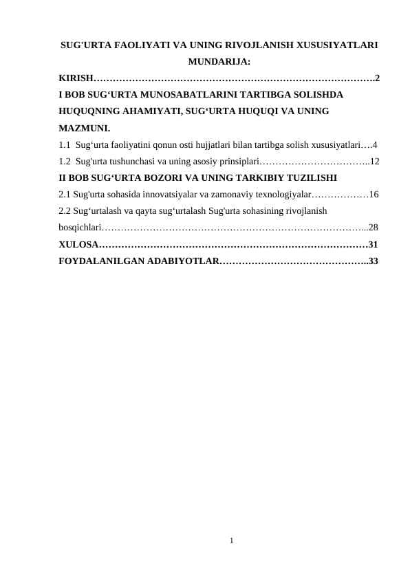SUG'URTA FAOLIYATI VA UNING RIVOJLANISH XUSUSIYATLARI