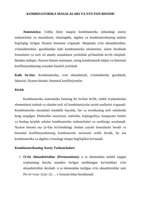 KOMBINATORIKA MASALALARI VA NYUTON BINOMI