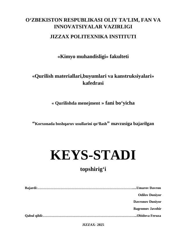 Keys stadi mavzu:Korxonada boshqaruv usullarini qo'llash