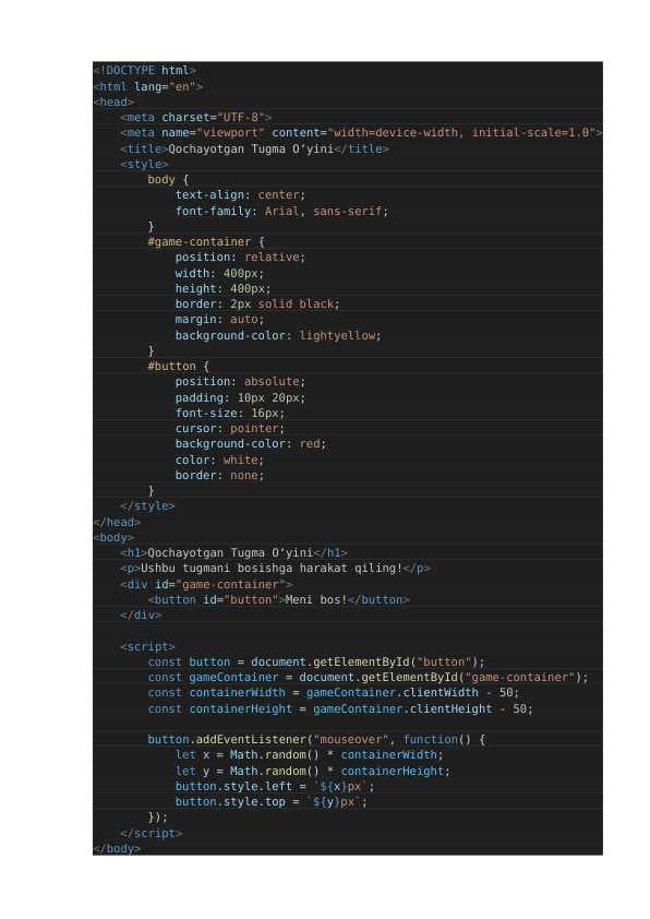 "Qochayotgan tugma" o'yini. {HTML code}
