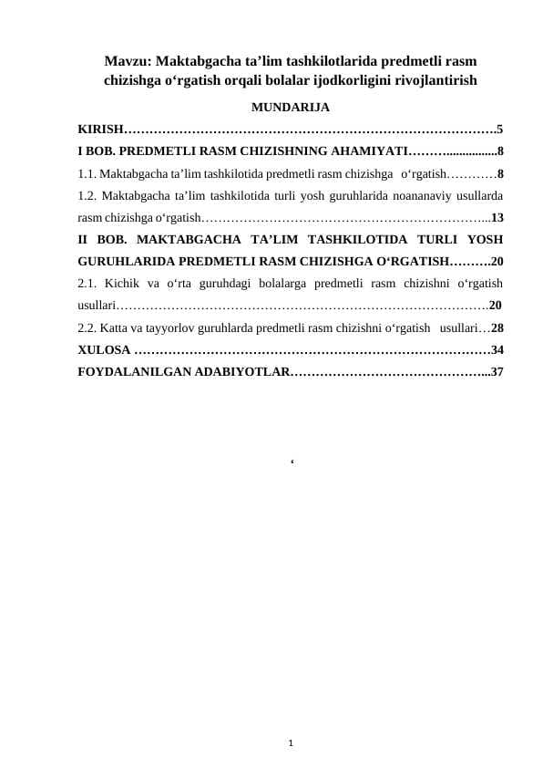 Maktabgacha ta’lim tashkilotlarida predmetli rasm chizishga o‘rgatish orqali bolalar ijodkorligini rivojlantirish