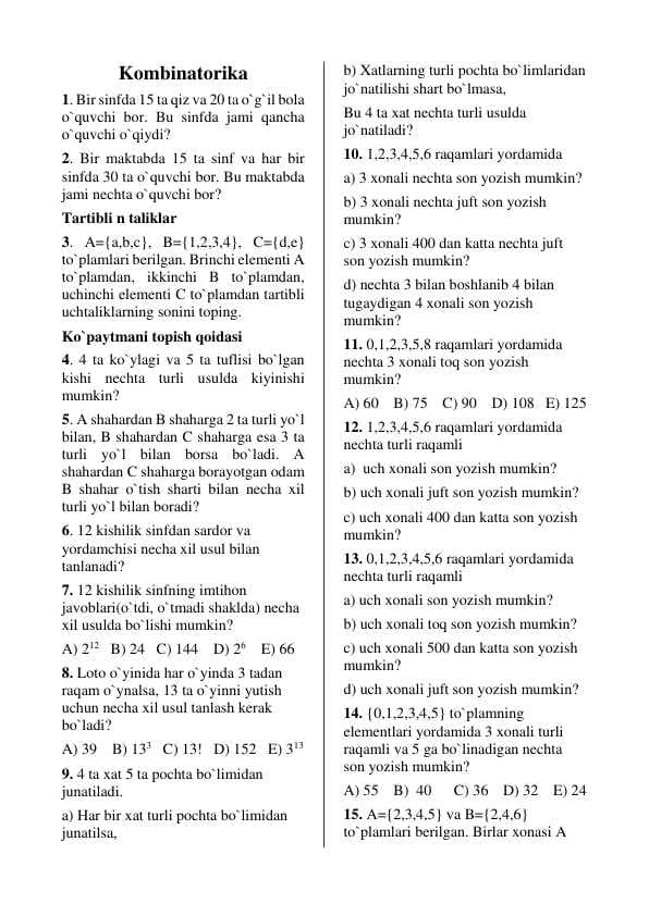 Kompinatorika elementlari bo'ycha to'liq testlar to'plami