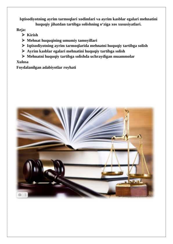 Iqtisodiyotning ayrim tarmoqlari xodimlari va ayrim kasblar egalari mehnatini huquqiy jihatdan tartibga solishning o‘ziga xos xususiyatlar 25