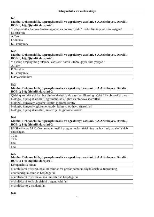 Dehqonchilik va melioratsiya test