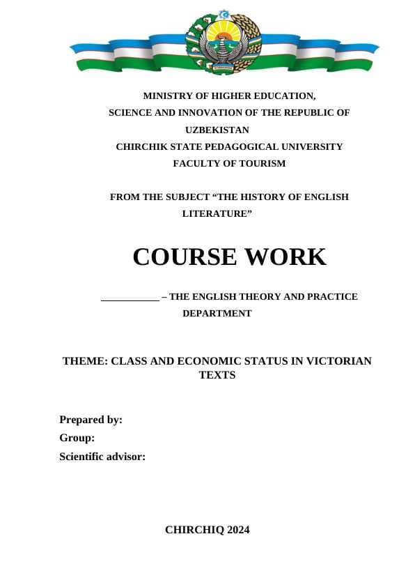 CLASS AND ECONOMIC STATUS IN VICTORIAN TEXTS Course Work