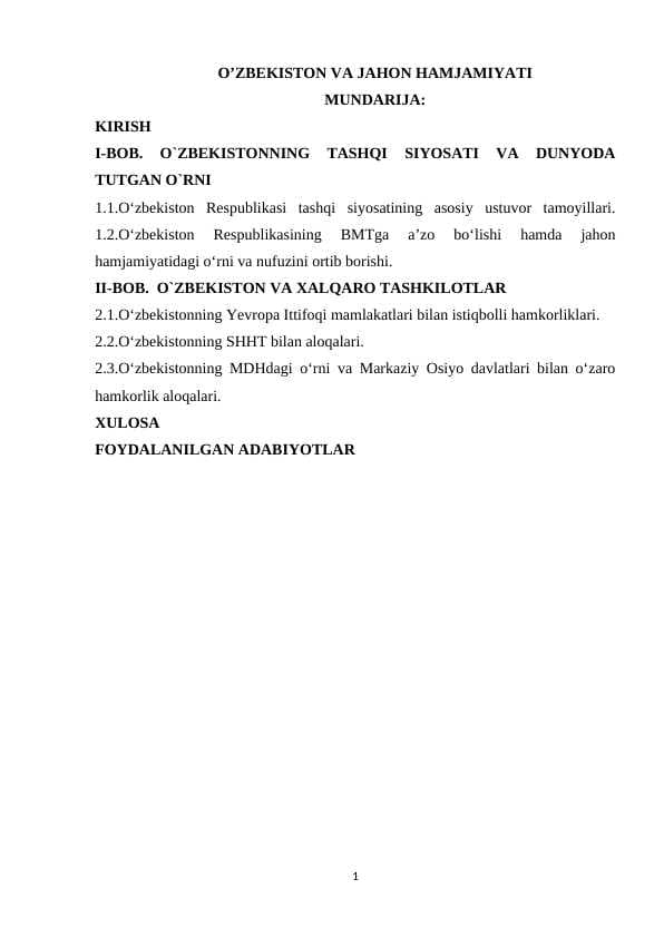 O’zbekiston va  jahon hamjamiyati
